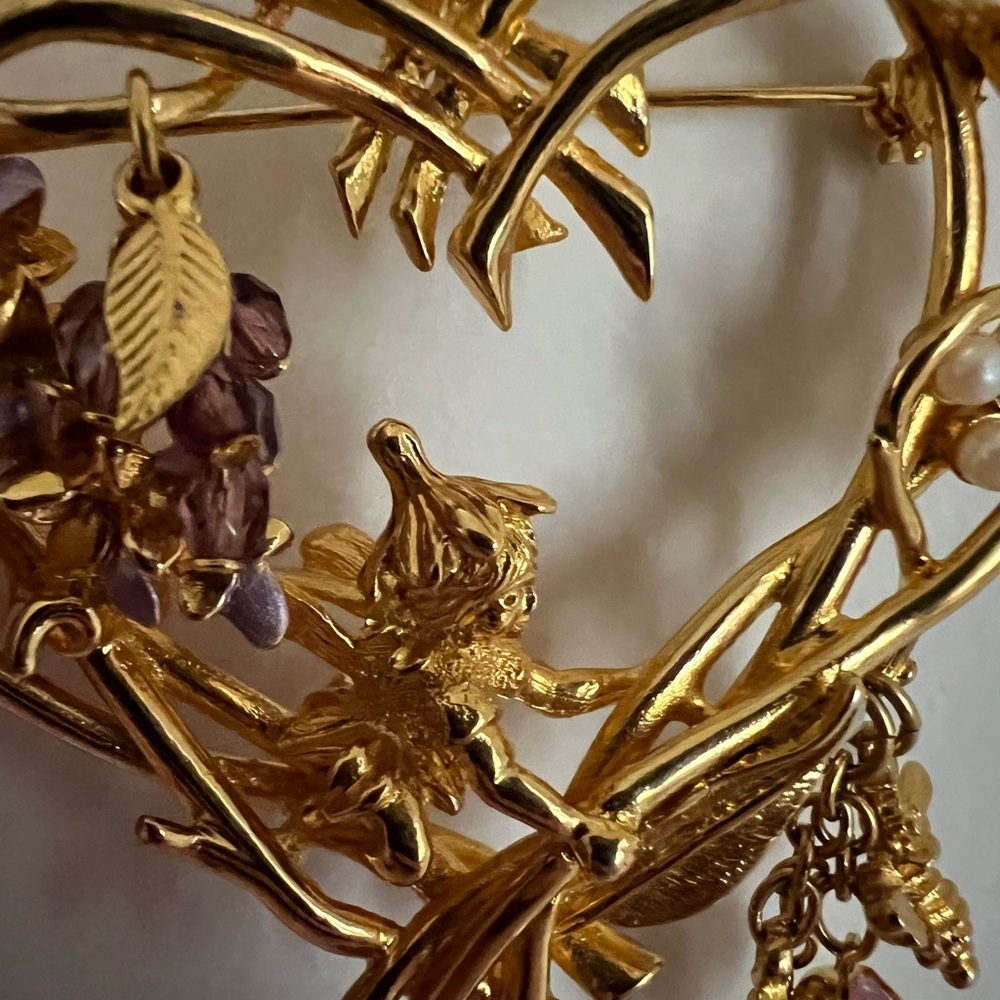 Kirks Folly heart-shaped brooch with fairy and dangling charms, enchanting!